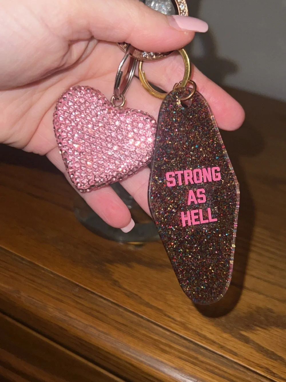 Pink Glitter Keychain Charm with Heart Accent - Strong As Hell